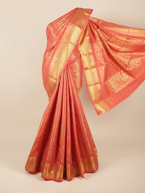 

Pothys Peach-Coloured & Gold-Coloured Floral Woven Zari Pure Silk Saree