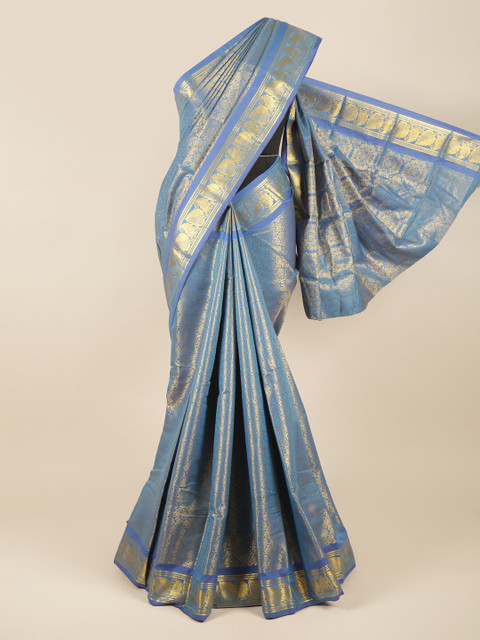 

Pothys Blue & Gold-Toned Woven Design Zari Pure Silk Saree