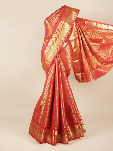 

Pothys Maroon & Gold-Toned Woven Design Zari Pure Silk Saree