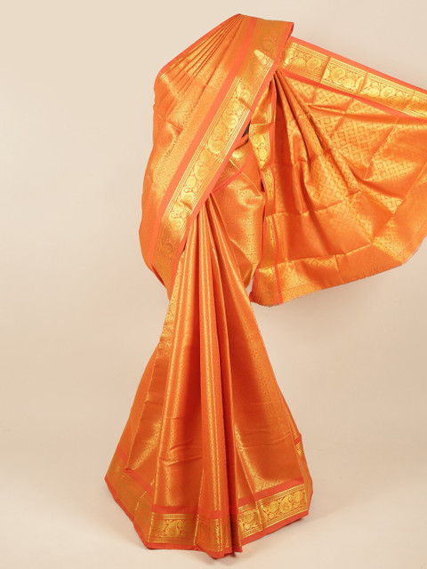 

Pothys Orange & Gold-Toned Ethnic Motifs Zari Pure Silk Saree