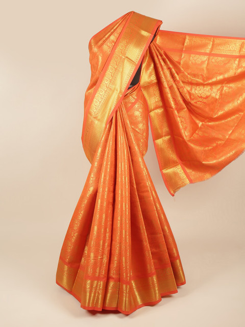 

Pothys Orange & Gold-Toned Woven Design Zari Pure Silk Saree
