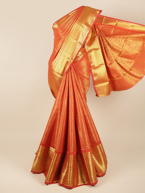 

Pothys Orange & Gold-Toned Woven Design Zari Pure Silk Saree