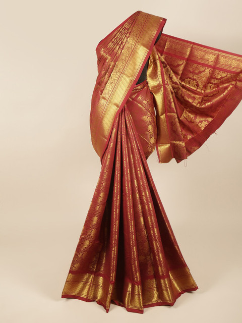 

Pothys Maroon & Gold-Toned Ethnic Motifs Zari Pure Silk Saree