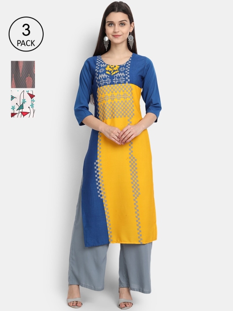 

1 Stop Fashion Women Pack of 3 Digital Printed Straight Kurtas, Yellow