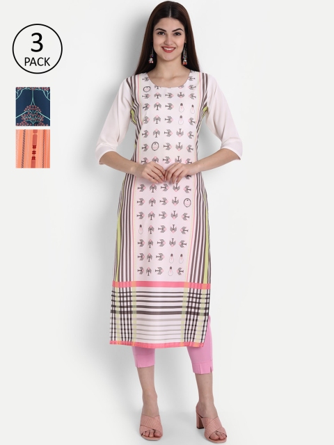 

1 Stop Fashion Women White & Navy Blue Pack of 3 Printed Crepe Kurta