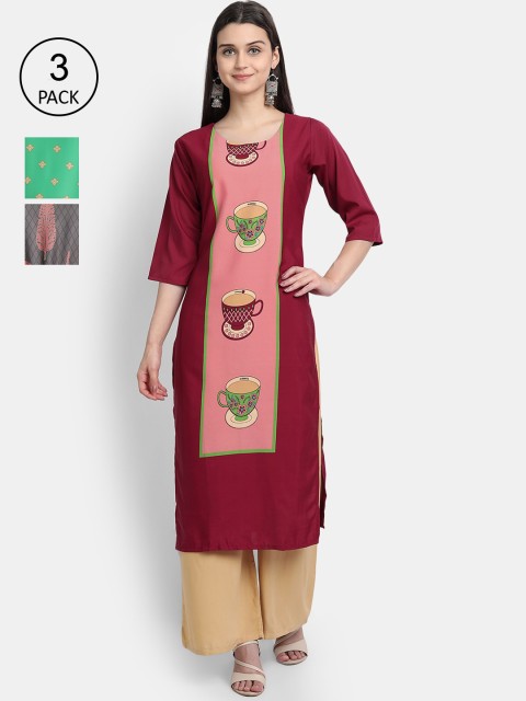 

1 Stop Fashion Women Pack Of 3 Printed Crepe Kurta, Maroon