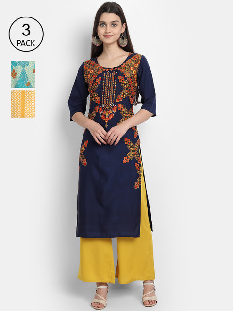 

1 Stop Fashion Women Pack Of 3 Multicoloured Geometric Printed Crepe Kurtas, Multi