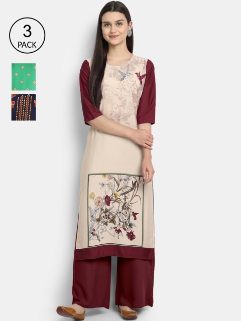 

1 Stop Fashion Women Pack of 3 Digital Printed Straight Kurtas, Cream