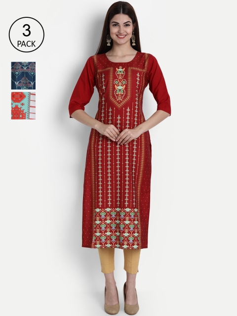 

1 Stop Fashion Women Pack Of 3 Printed Crepe Kurta, Maroon
