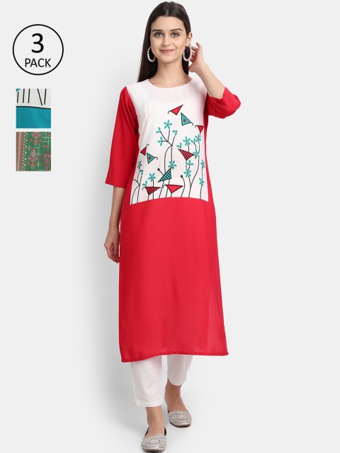 

1 Stop Fashion Women Set of 3 Printed Crepe Kurta, Multi