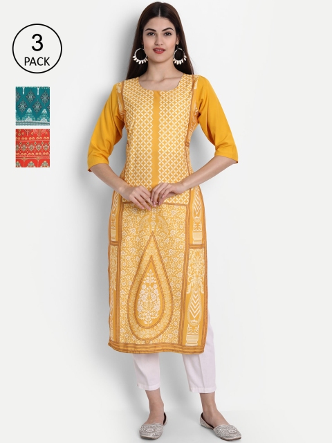 

1 Stop Fashion Pack of 3 Women Printed Crepe Kurta, Multi
