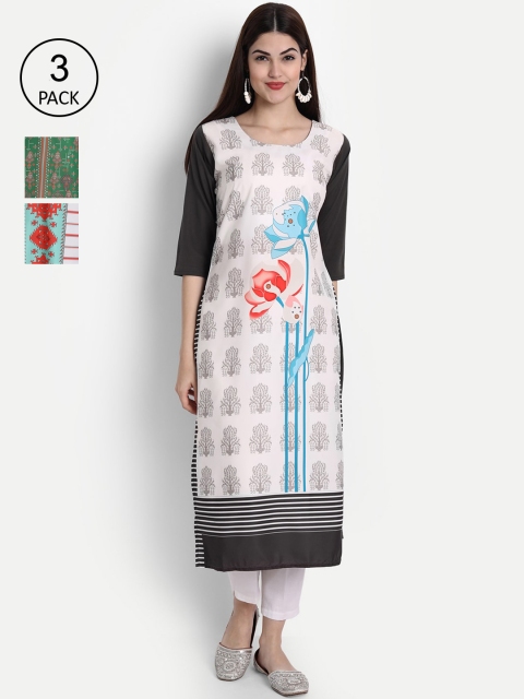 

1 Stop Fashion Women White, Black & Green Ethnic Motifs Printed Set of 3 Crepe Kurta