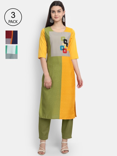 

1 Stop Fashion Women Pack Of 3 Digital Printed Crepe Kurta, Yellow