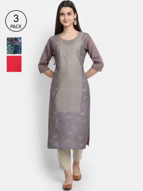 

1 Stop Fashion Women Pack of 3 Digital Printed Straight Kurtas, Grey