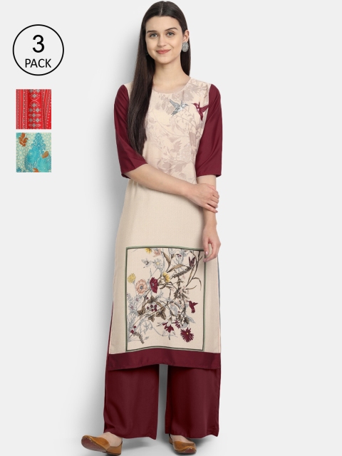 

1 Stop Fashion Women Pack of 3 Multicoloured Printed Crepe Straight Kurta, Multi