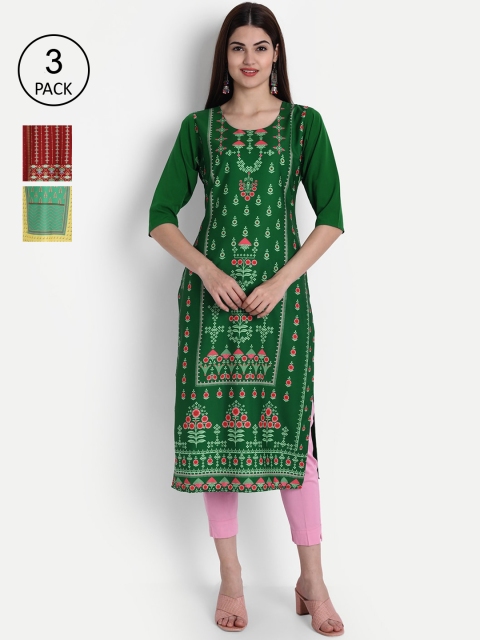 

1 Stop Fashion Women Green & Yellow Pack of 3 Printed Crepe Kurta