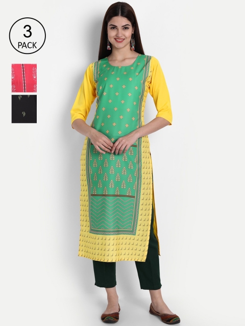 

1 Stop Fashion Women Pack Of 3 Green, Black & Pink Printed Kurta