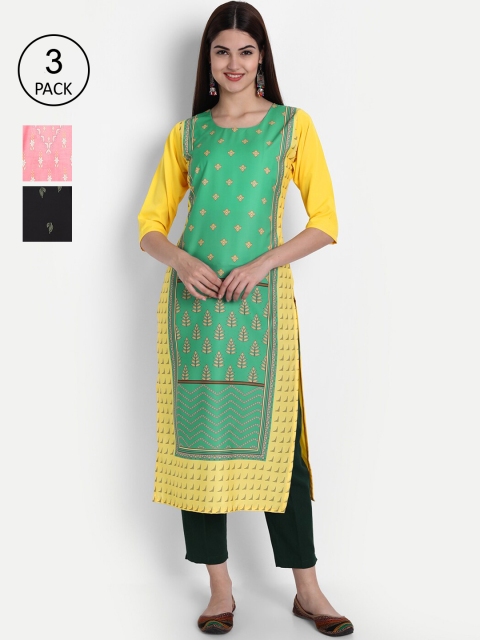 

1 Stop Fashion Women Pack Of 3 Printed Crepe Kurta, Green