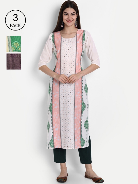 

1 Stop Fashion Women Set of 3 Printed Crepe Kurta, Multi