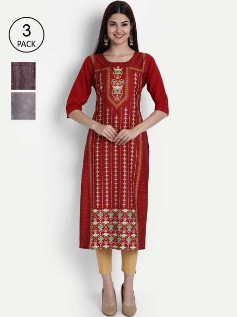

1 Stop Fashion Women Pack Of 3 Red Grey & Purple Ethnic Motifs Printed Crepe Kurta