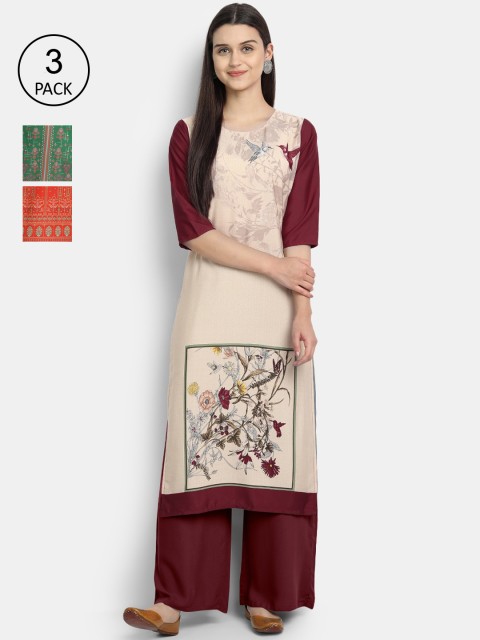 

1 Stop Fashion Women Beige, Orange & Green Floral Printed Crepe Kurta Pack Of 3