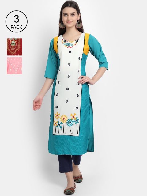 

1 Stop Fashion Women Pack of 3 Blue & Red Floral Printed Crepe Kurta