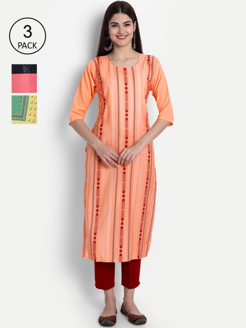 

1 Stop Fashion Women Pack Of 3 Multicoloured Geometric Printed Crepe Kurtas, Multi