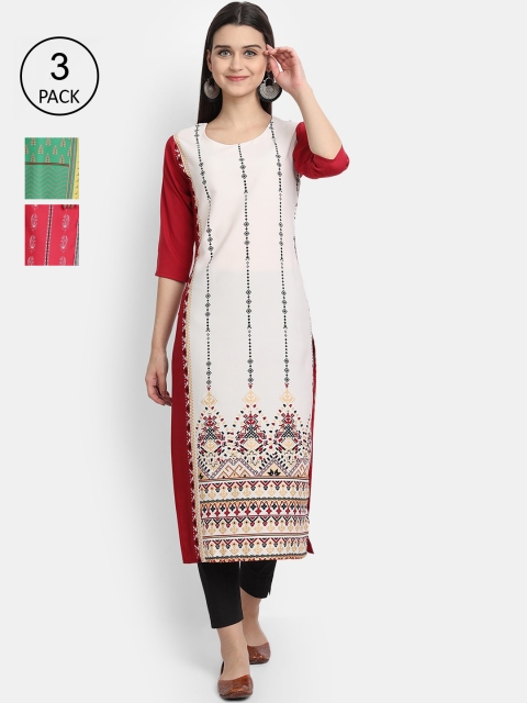 

1 Stop Fashion Women Pack of 3 Digital Printed Straight Kurtas, Off white