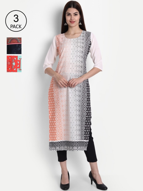 

1 Stop Fashion Women Pack of 3 Multicoloured Printed Crepe Straight Kurta, Multi
