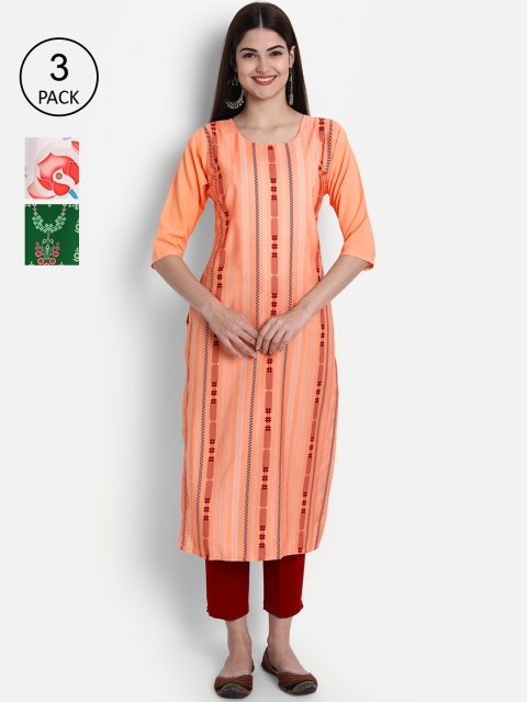 

1 Stop Fashion Women Orange & Green Pack Of 3 Ethnic Motifs Printed Kurta