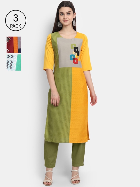 

1 Stop Fashion Women Set of 3 Printed Crepe Kurta, Multi