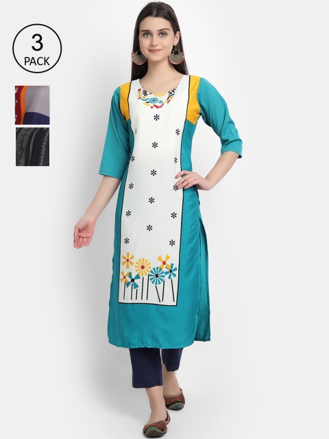 

1 Stop Fashion Women Pack of 3 Blue & Black Floral Printed Crepe Kurta
