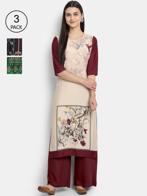 

1 Stop Fashion Women Pack Of 3 Multicoloured Geometric Printed Crepe Kurtas, Multi