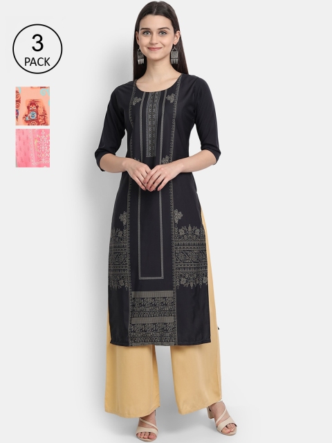 

1 Stop Fashion Women Pack of 3 Digital Printed Straight Kurtas, Black