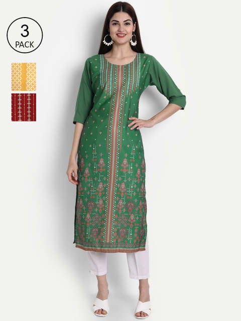 

1 Stop Fashion Women Pack of 3 Multicoloured Printed Crepe Straight Kurta, Multi