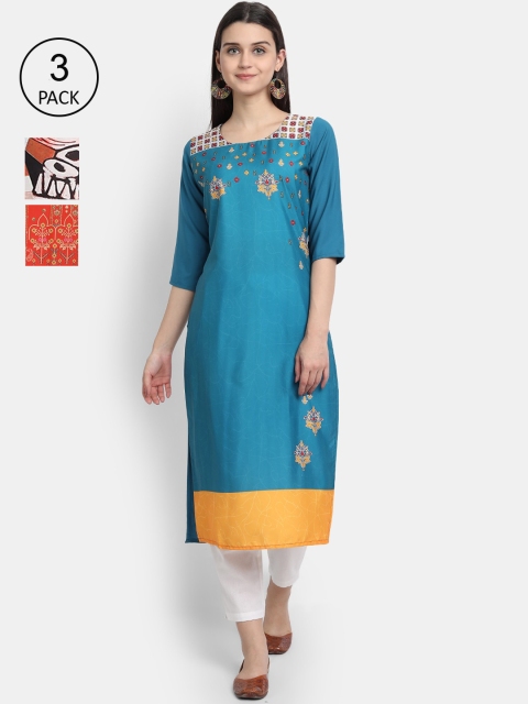 

1 Stop Fashion Women Blue & Yellow Pack of 3 Printed Crepe Kurta