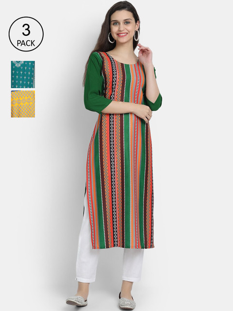 

1 Stop Fashion Pack of 3 Women Printed Crepe Kurta, Multi