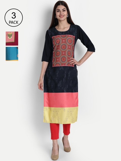 

1 Stop Fashion Women Pack of 3 Black & Maroon Ethnic Motifs Printed Kurta
