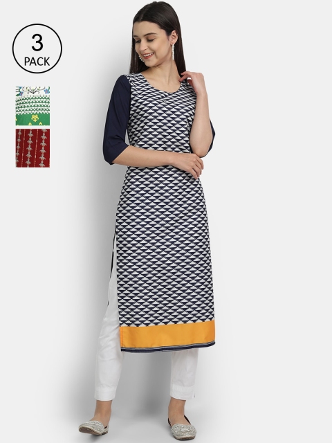 

1 Stop Fashion Women Pack Of 3 Multicoloured Geometric Printed Crepe Kurtas, Multi