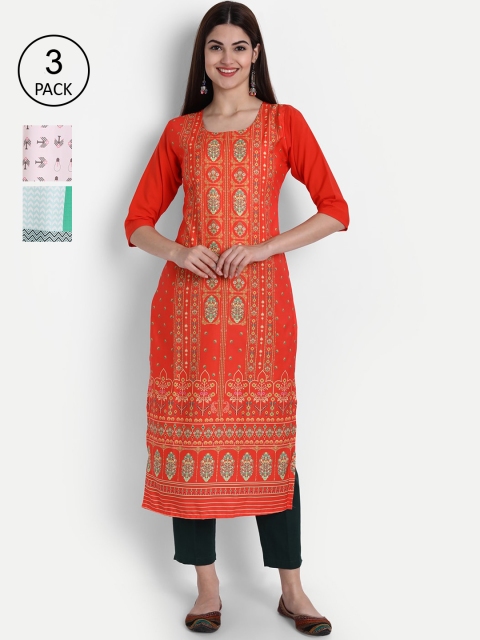 

1 Stop Fashion Women Pack Of 3 Digital Printed Crepe Kurta, Green
