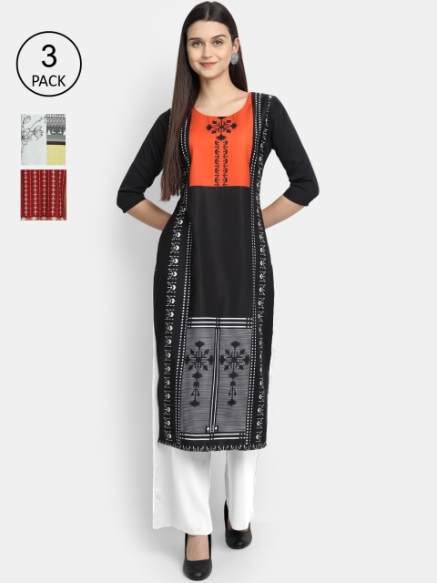 

1 Stop Fashion Women Pack of 3 Digital Printed Straight Kurtas, Black