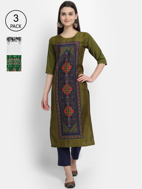 

1 Stop Fashion Women Pack of 3 Multicoloured Printed Crepe Straight Kurta, Multi