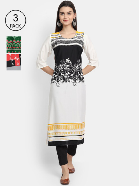 

1 Stop Fashion Women White & Green Pack Of 3 Printed Kurta