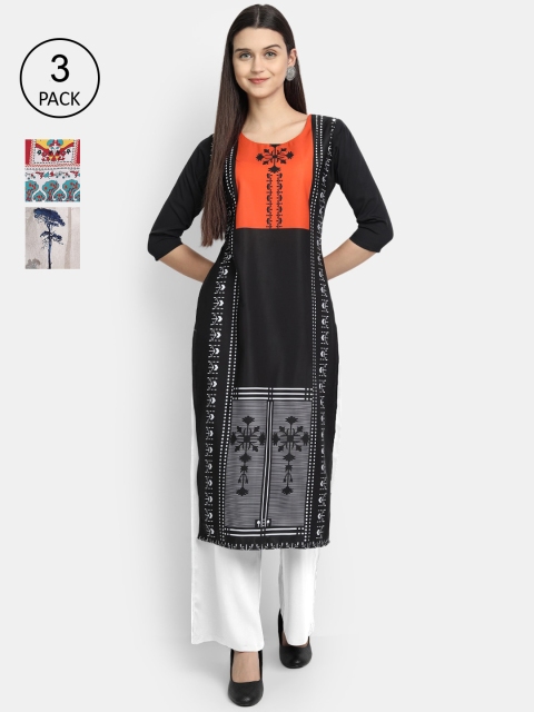 

1 Stop Fashion Women Pack Of 3 Printed Crepe Kurta, Blue