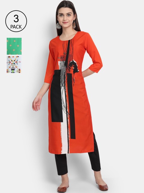 

1 Stop Fashion Pack of 3 Women Printed Crepe Kurta, Multi