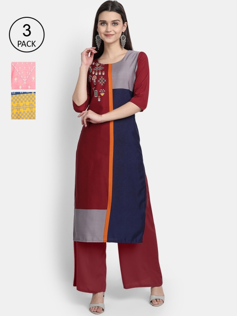 

1 Stop Fashion Women Pack of 3 Maroon & Yellow Printed Crepe Kurta