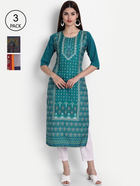

1 Stop Fashion Women Pack Of 3 Multicoloured Geometric Printed Crepe Kurtas, Multi
