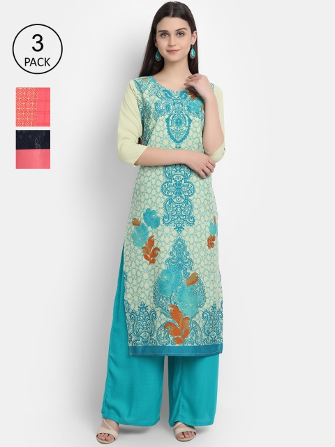 

1 Stop Fashion Women Pack Of 3 Digital Printed Crepe Kurta, Turquoise blue