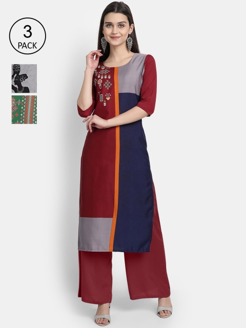 

1 Stop Fashion Women Pack of 3 Multicoloured Printed Crepe Straight Kurta, Multi
