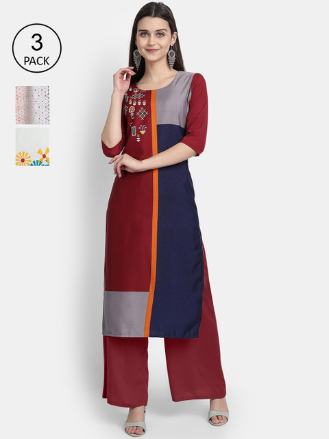 

1 Stop Fashion Woman Pack of 3 Multicoloured Colourblocked Crepe Kurta, Multi